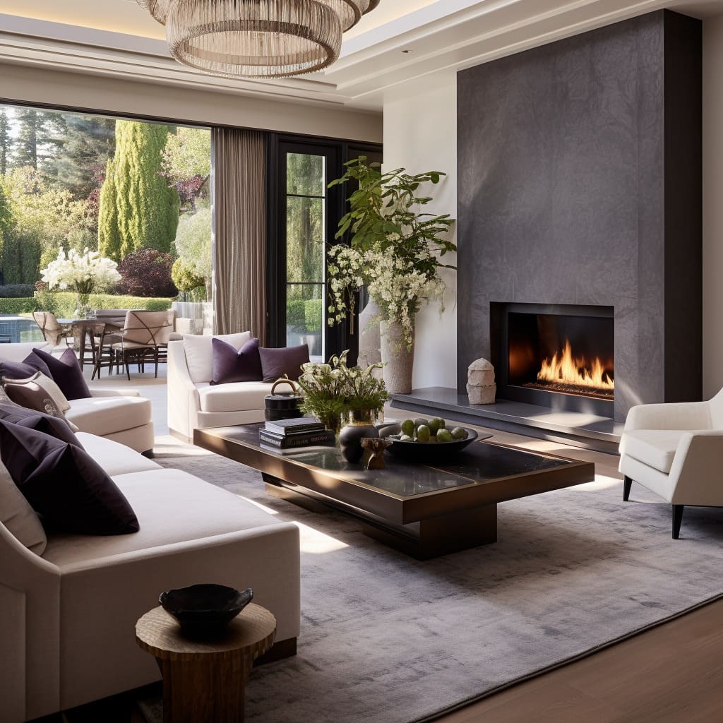 Plush upholstery and chic lighting fixtures add to the tailored comfort and artful decor of this interior