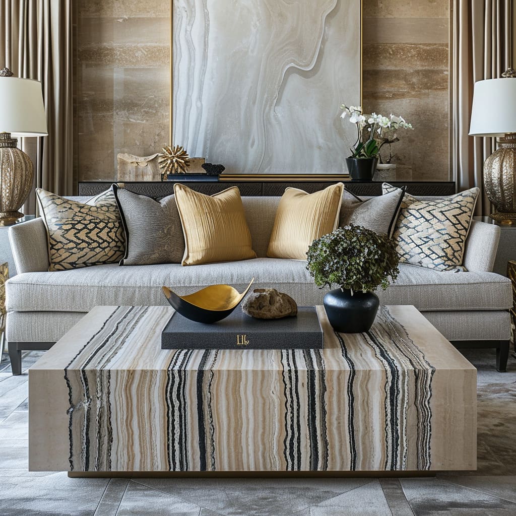 Reflective coffee tables add a contemporary edge to the living room's design