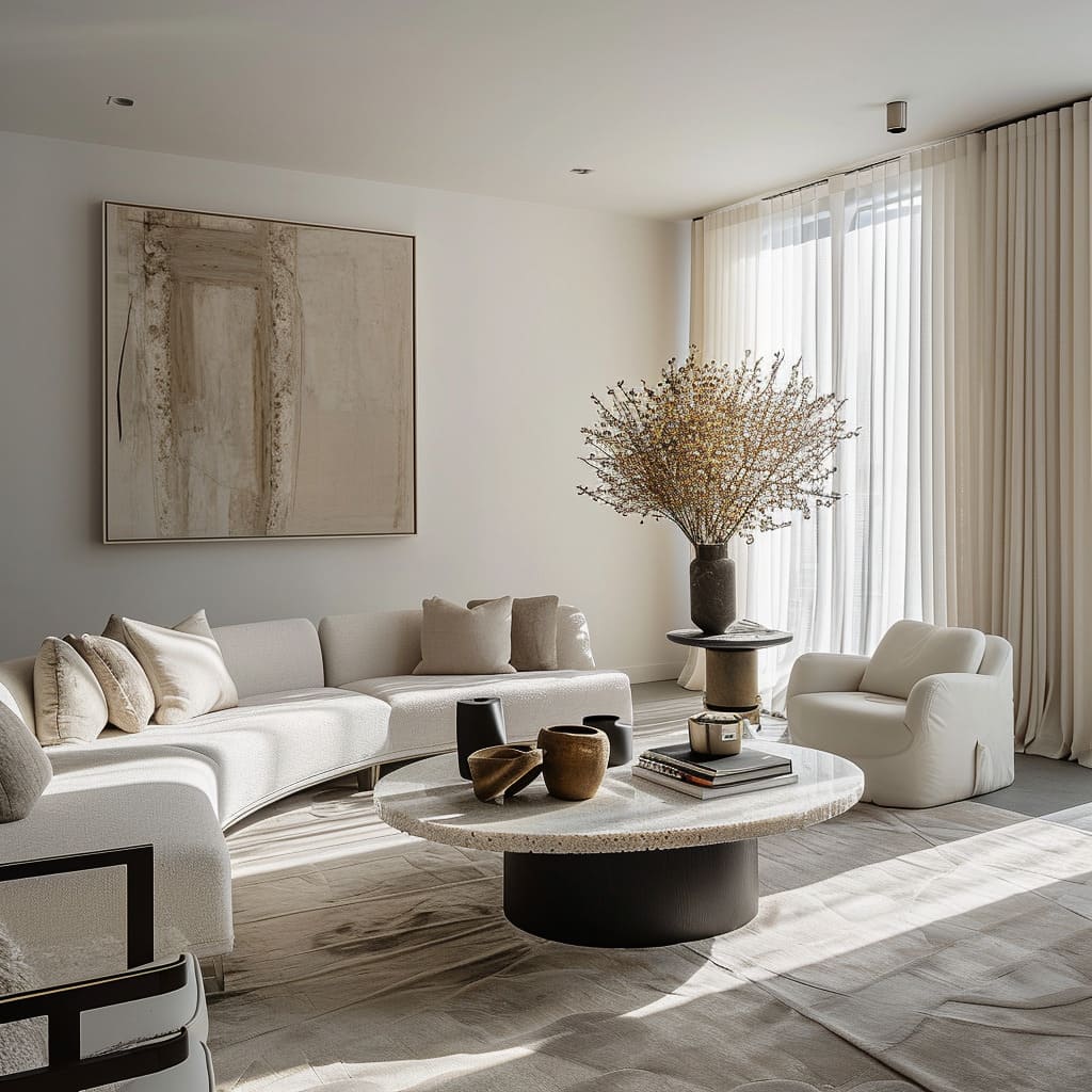 Reflective surfaces in the living space enhance the room's brightness, creating an interplay of light and shadow