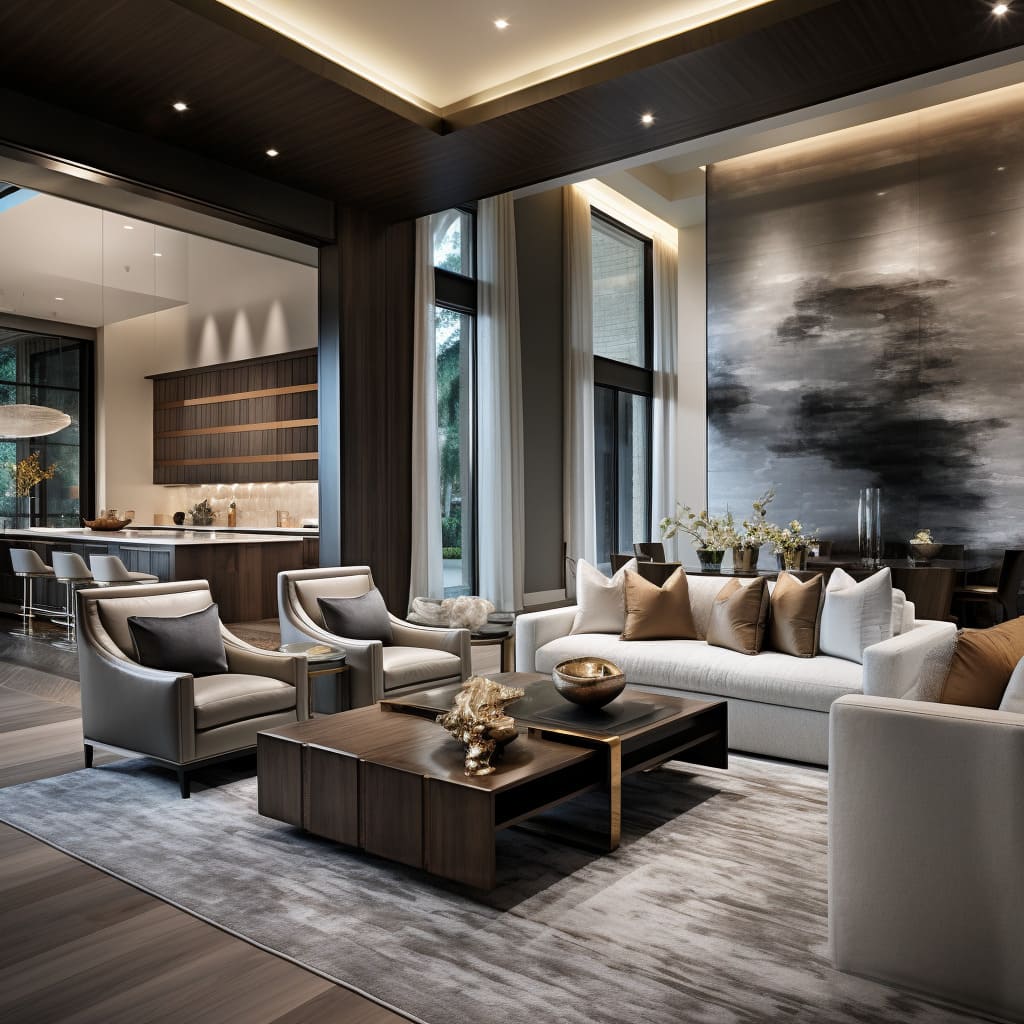 Sculptural furniture and ambient lighting complete the look of the luxurious modern living area