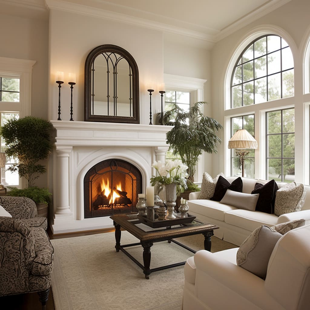Stylish interior items paired with gentle hues define the inviting atmosphere of this American Classical living area.