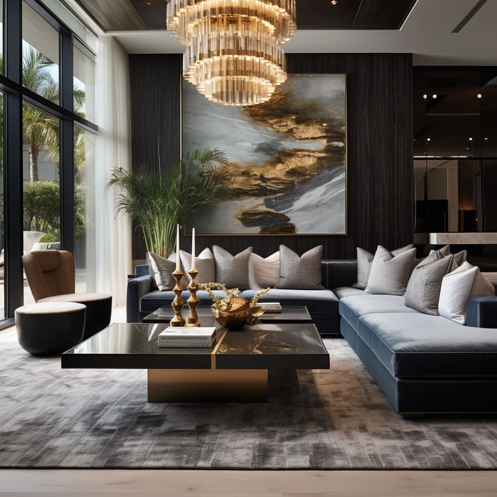 Such contemporary living room showcases a fusion of advanced elements and cutting-edge design, resulting in an atmosphere of opulence and sophistication.