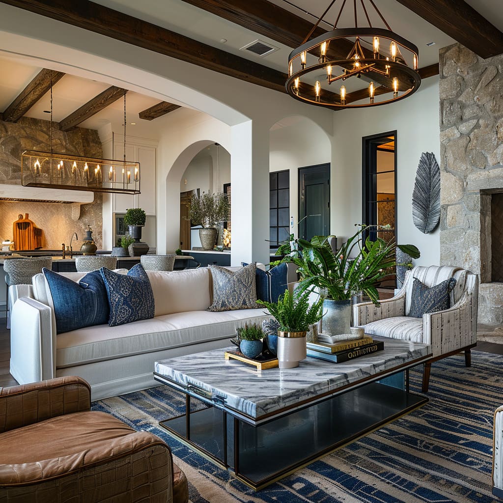 Textural elements like exposed beams and woven baskets add depth to the decor