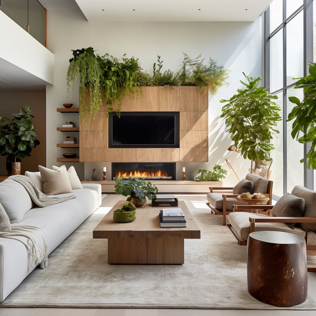 The Interior Design of this living area boasts a Neutral Color Palette that creates a tranquil and inviting atmosphere