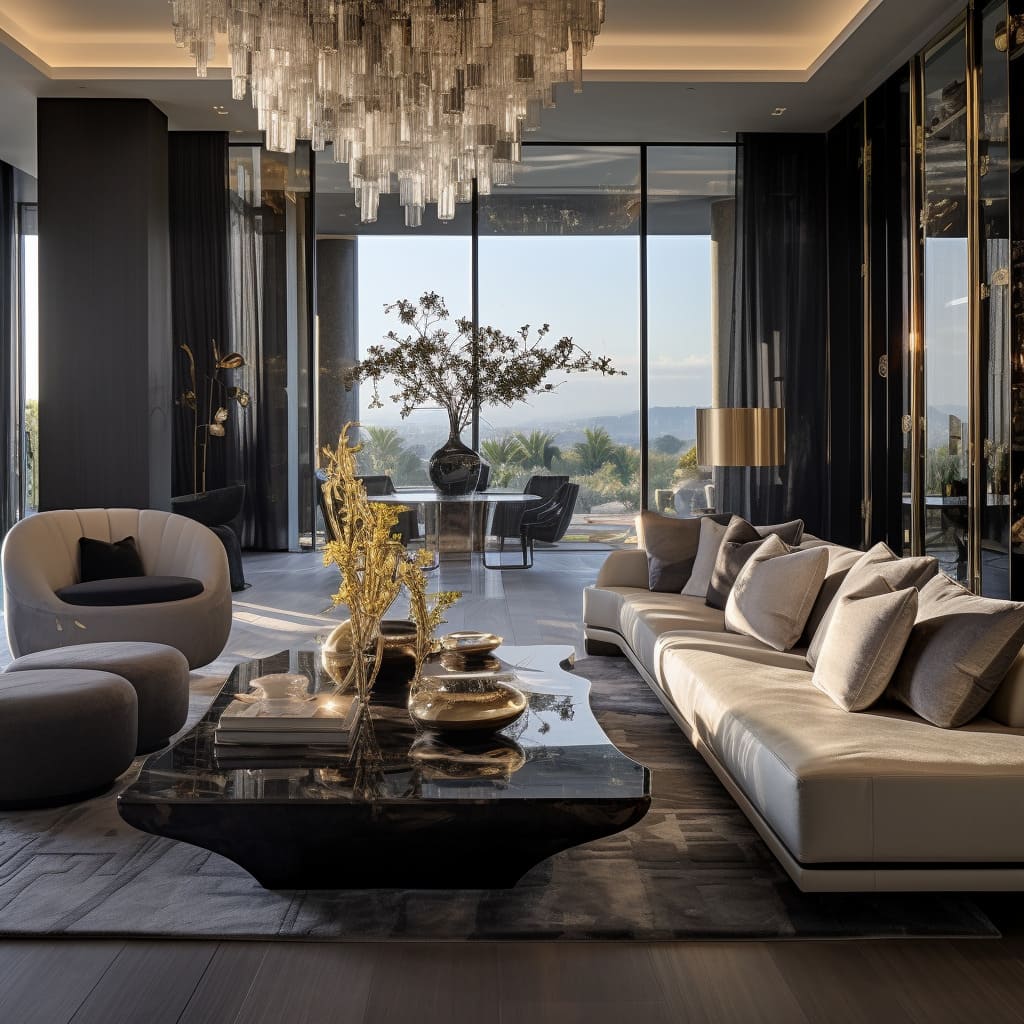 The aesthetics of this luxury living room embrace modern luxury, offering an amazing and stylish gathering space for residents.