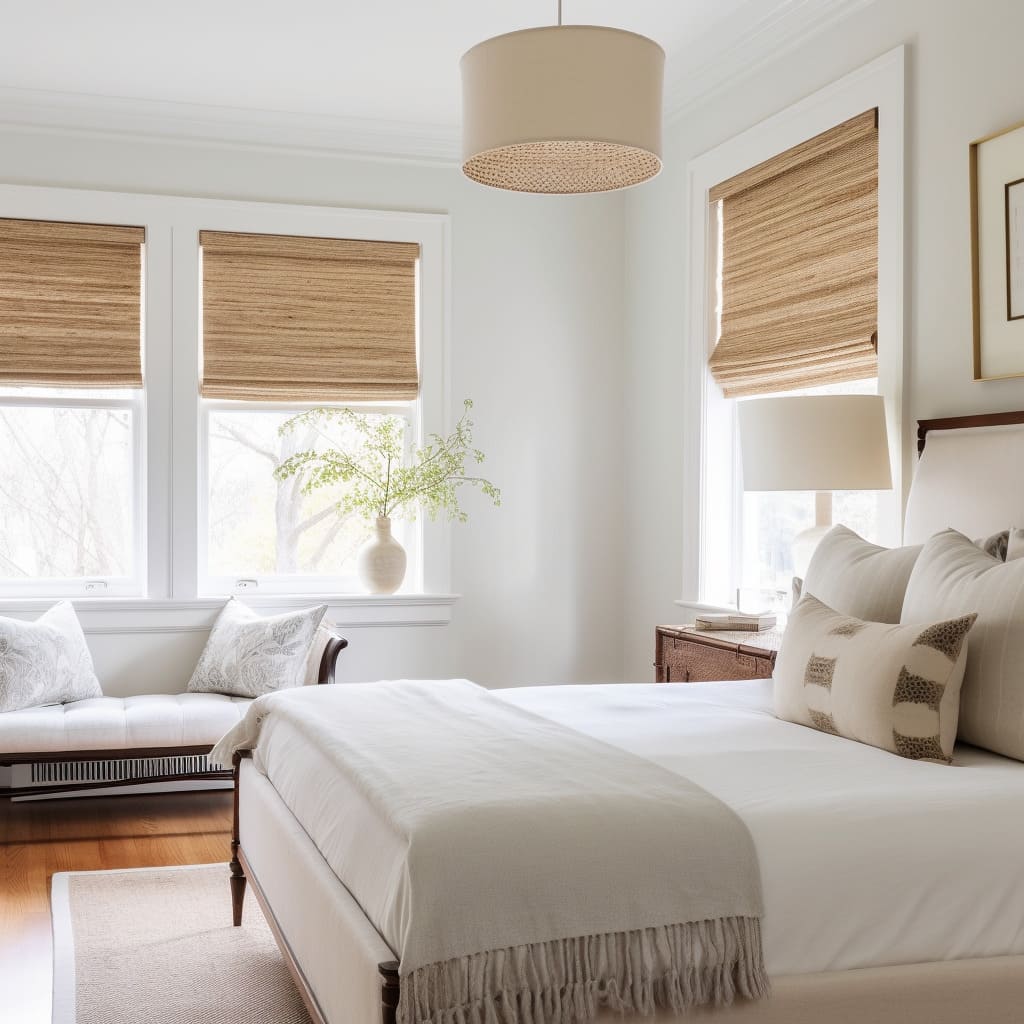 Calm Elegance: Integrating Bamboo Shades in White Bedroom Interiors