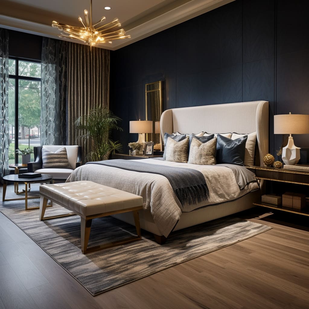 The bedroom showcases a tactile experience with smooth wood and lush interiors