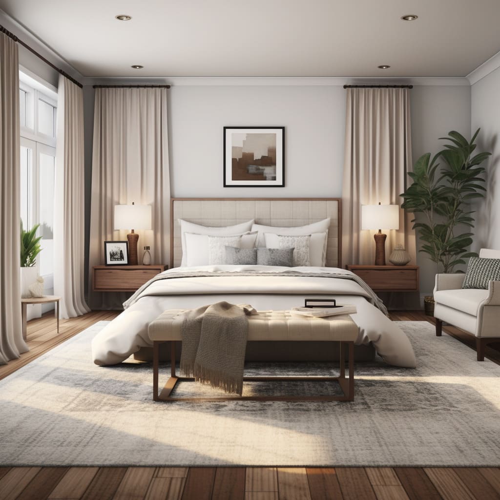 The bedroom's neutral color scheme exudes a timeless and soothing ambiance.