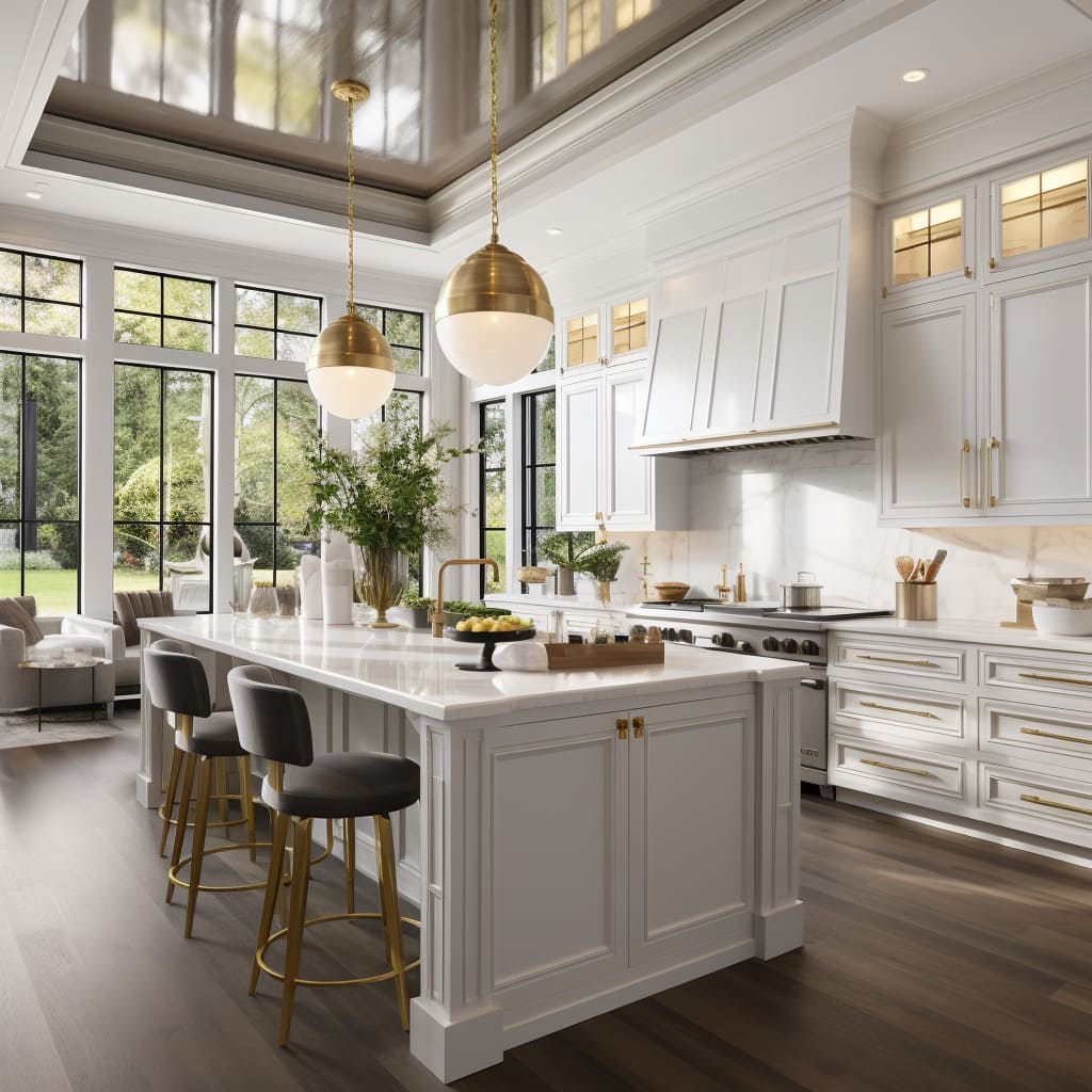 The cabinetry and seating in these kitchen invite both comfort and elegance, making them versatile living spaces.