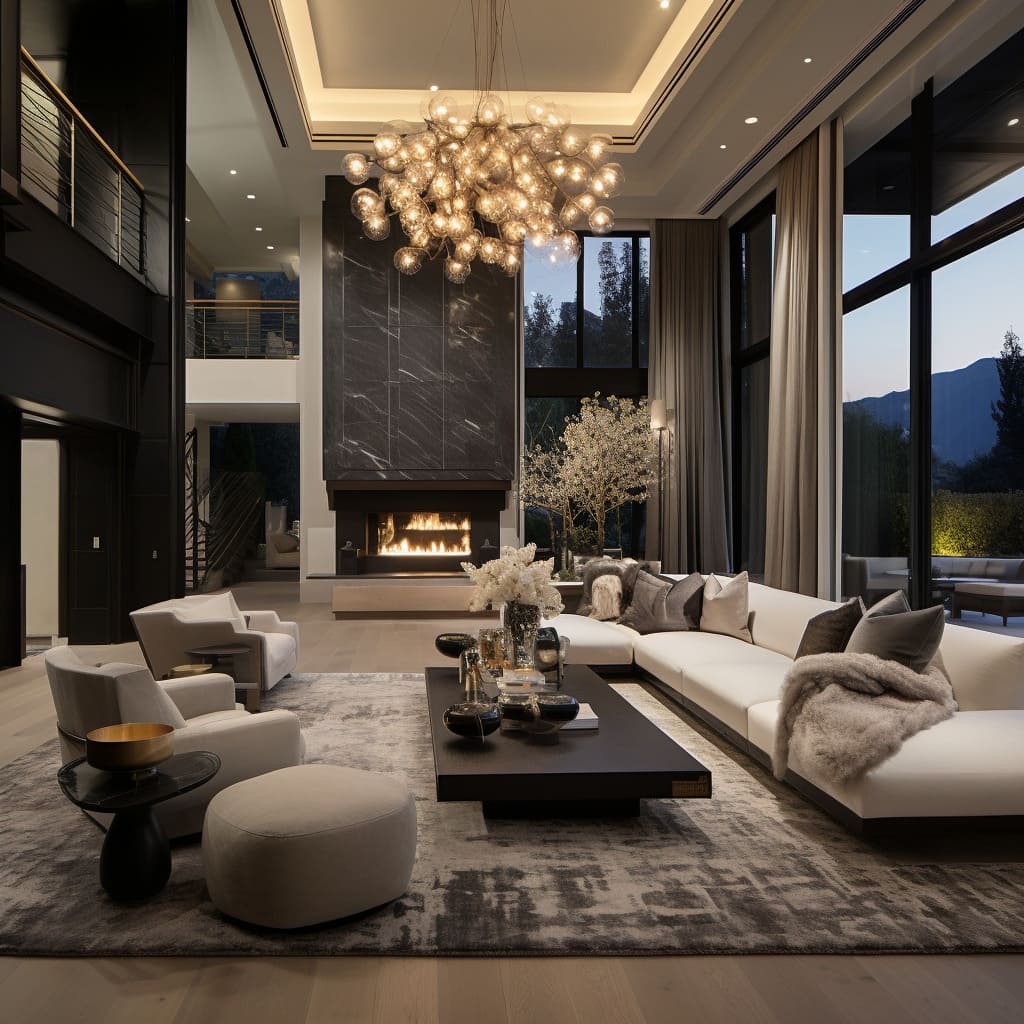 The chic interior of this designer living room features posh furniture and trendsetting elements, making it a sophisticated and prestigious space.