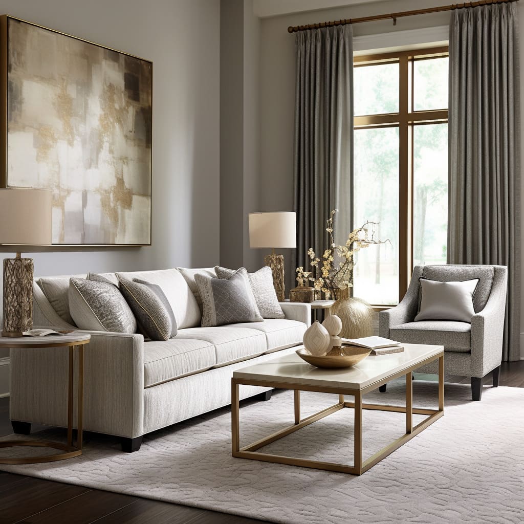 The coffee table and table lamps in this living room offer both style and functionality.