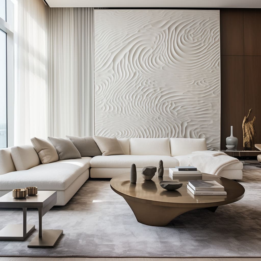 The color palette, textures, and furniture selection contribute to the overall aesthetics of this luxury minimalist space