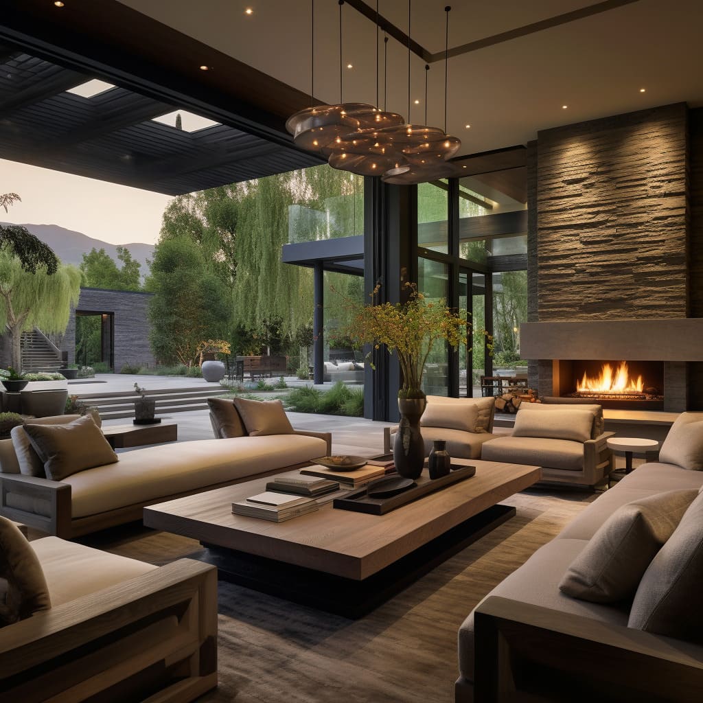 The combination of natural accents, cladding, and large windows creates an inviting and high-end living room design