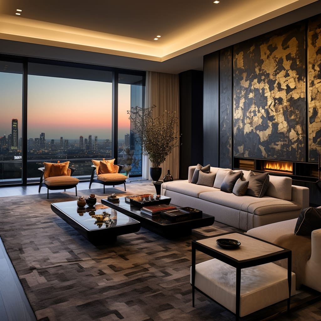 The contemporary design of this penthouse living room seamlessly blends style and functionality