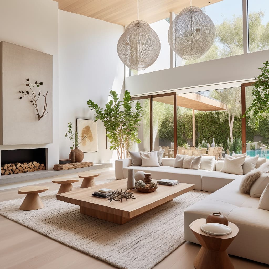 The contemporary living room is flooded with natural light, thanks to glass windows and an indoor-outdoor blend