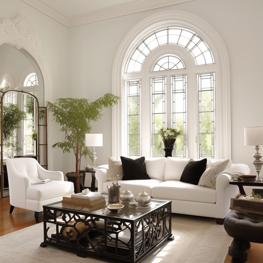 The core of this American Classical living room is its traditional furnishings and neutral tones.