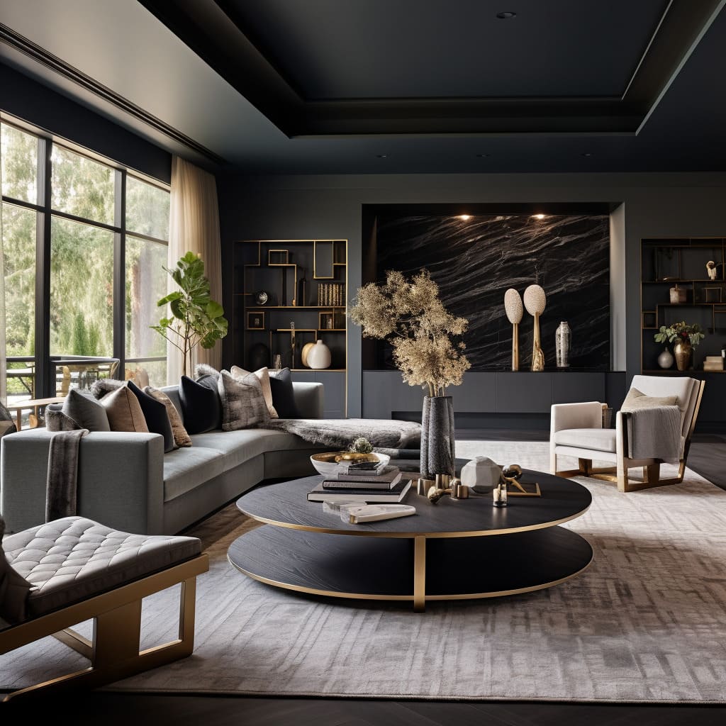 The dark and dramatic interior design is enhanced by brass accents throughout.