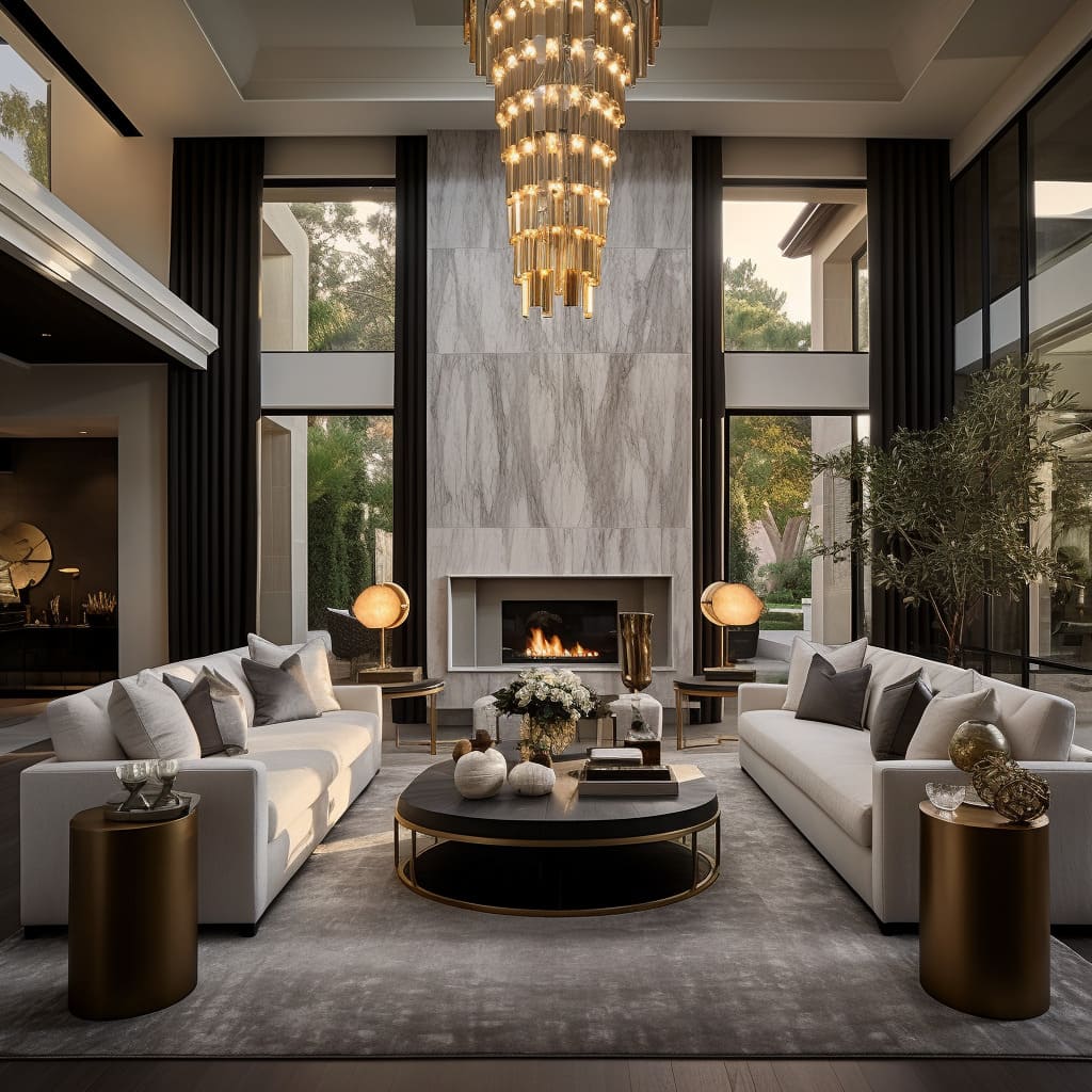 The dark color palette and brass accents bring an air of luxury to the space.