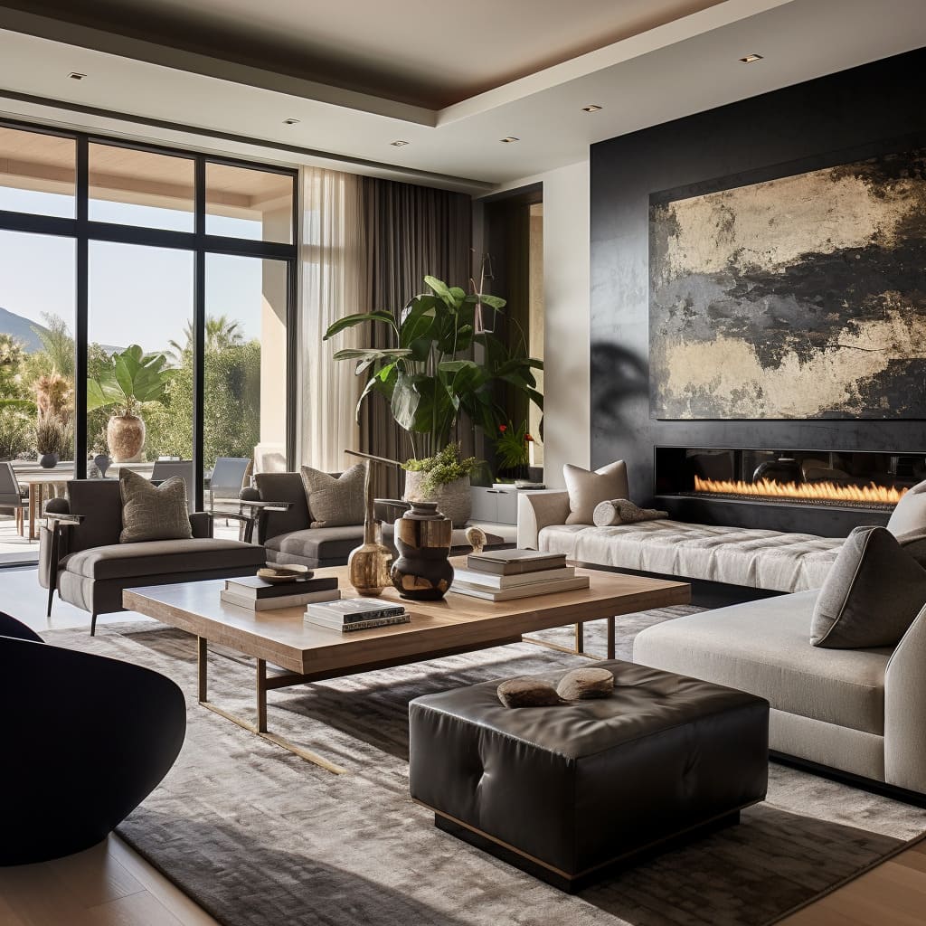 A high-end sitting interior with a statement piece of art on the wall.