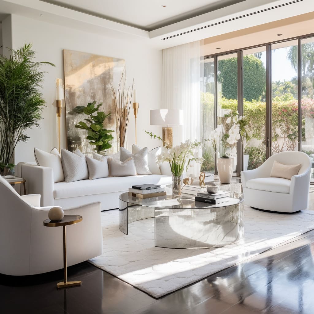 The drawing room, where luxury and sophistication converge in a palette of soothing white and beige tones
