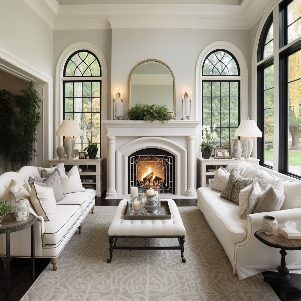 The elegance of fireplace and a subdued color palette in this American-inspired living room.