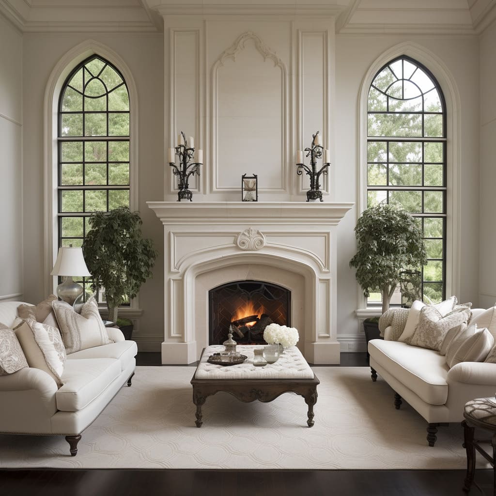 The essence of this American Classical living room lies in its traditional furniture and neutral hues.
