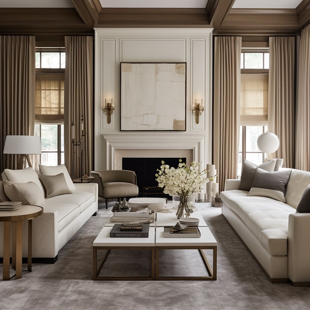 The fireplace and a modern painting in the living room add a touch of opulence.