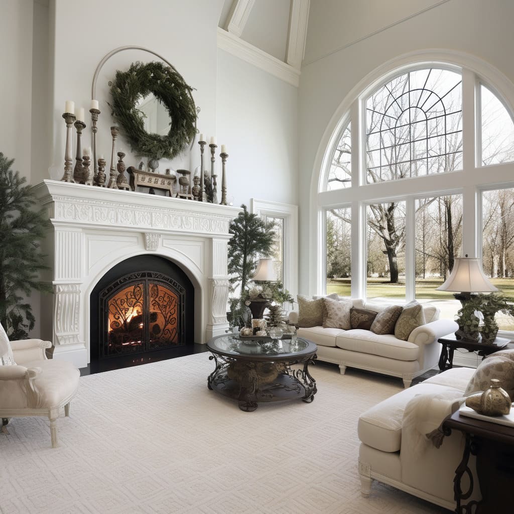 The fireplace and classic furniture create an inviting and comfortable atmosphere.