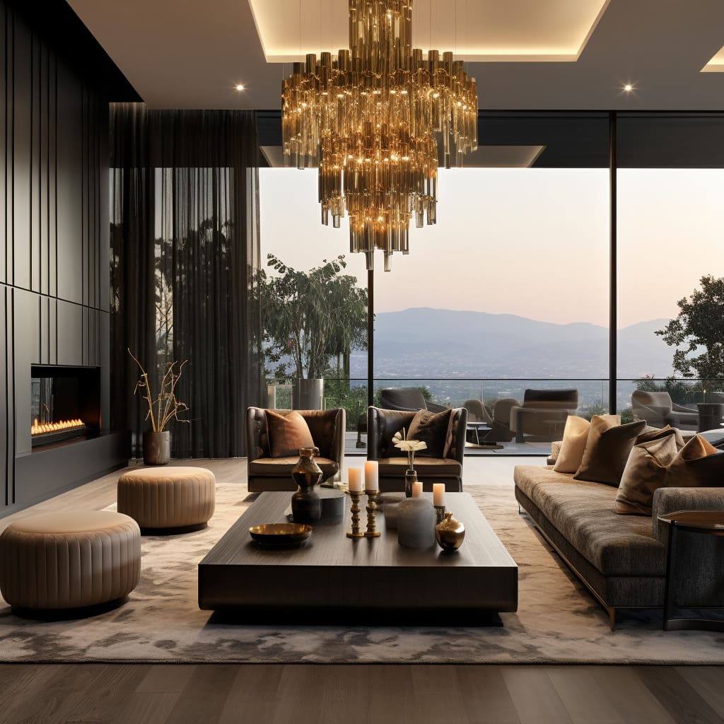 The innovative design and sleek decor elements in this living room add a touch of modern opulence and elegance to the high-class ambiance.