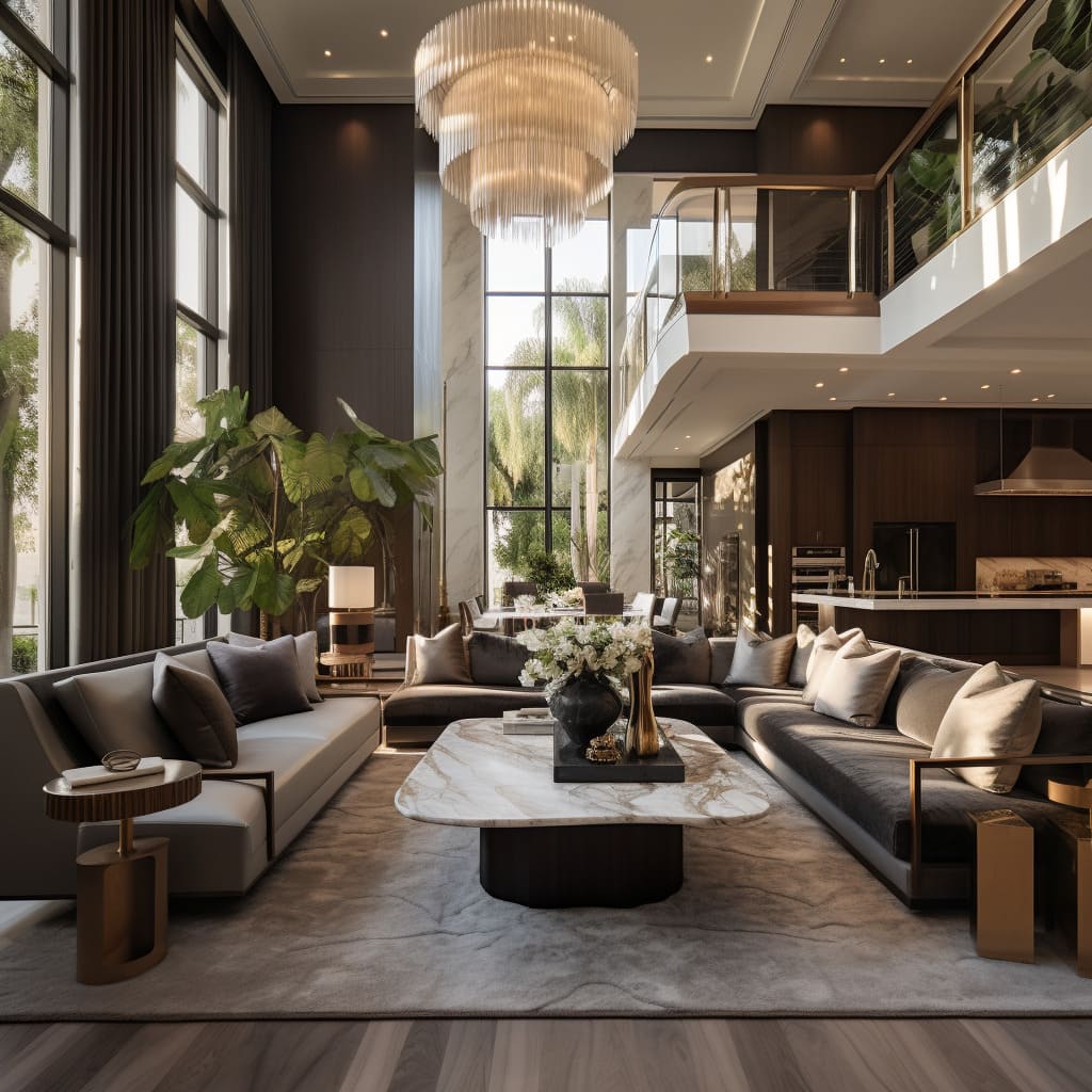 The interior design of this large living room showcases a trendsetting approach, with cutting-edge technology and exclusive features that make it upscale and modern.