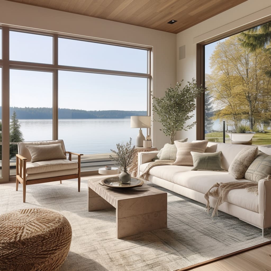 The interior design of this living room combines modern trends with timeless, natural textures.