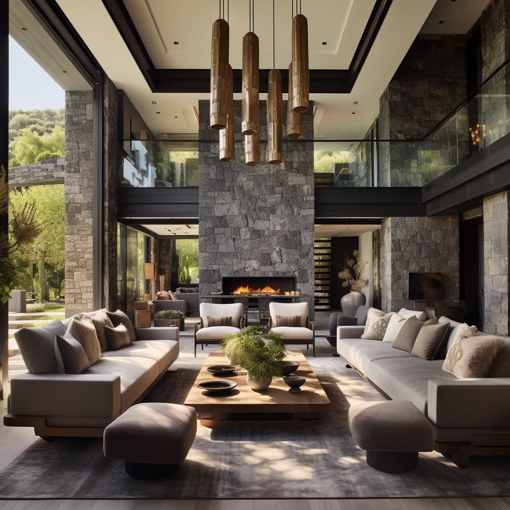 The interior design of this living room epitomizes the laid-back, Californian aesthetic, showcasing hearthstones and an inviting, plush sectiona