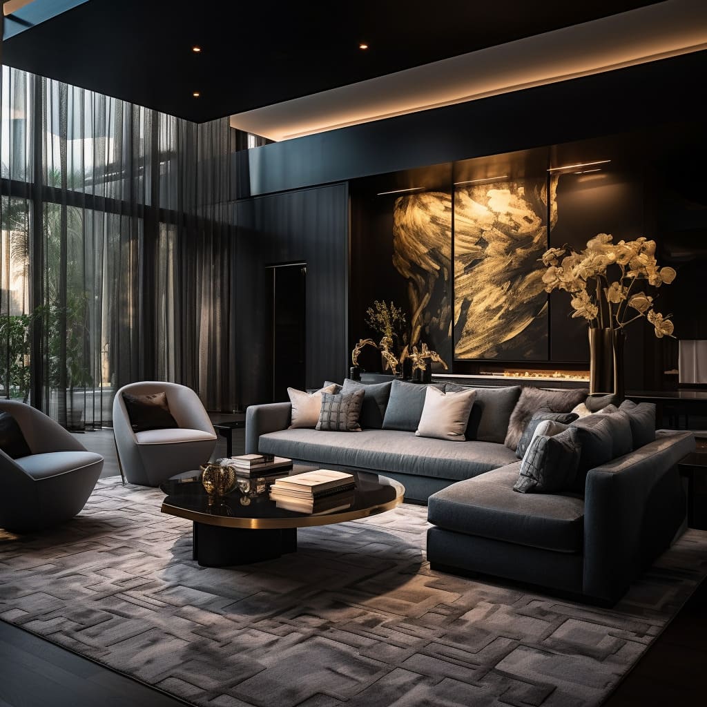 The interior design of this stylish living room features a harmonious blend of contemporary elements, evoking a sense of luxury and elegance.