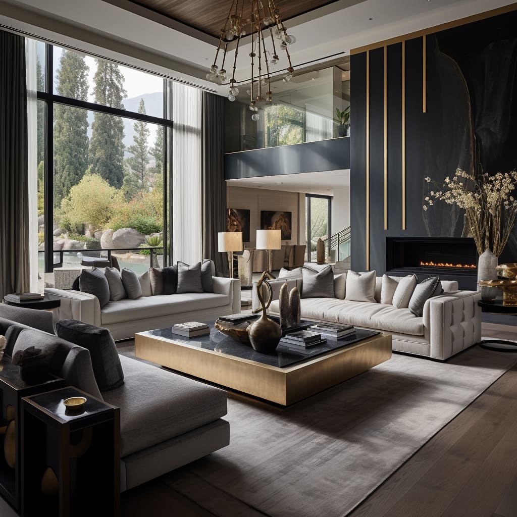 The interior of this large living room features a harmonious blend of modern luxury, evoking a sense of opulence and elegance.