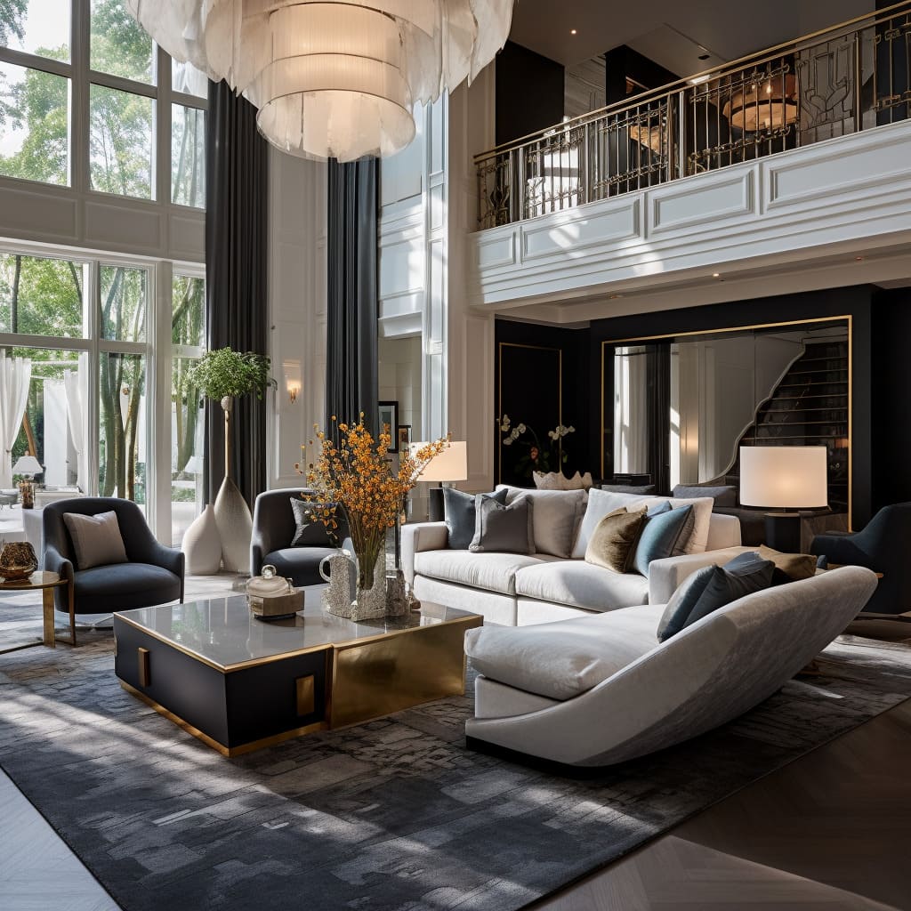 The interplay of black and gold accents against a neutral backdrop lends a dramatic and contemporary flair to this opulent interior