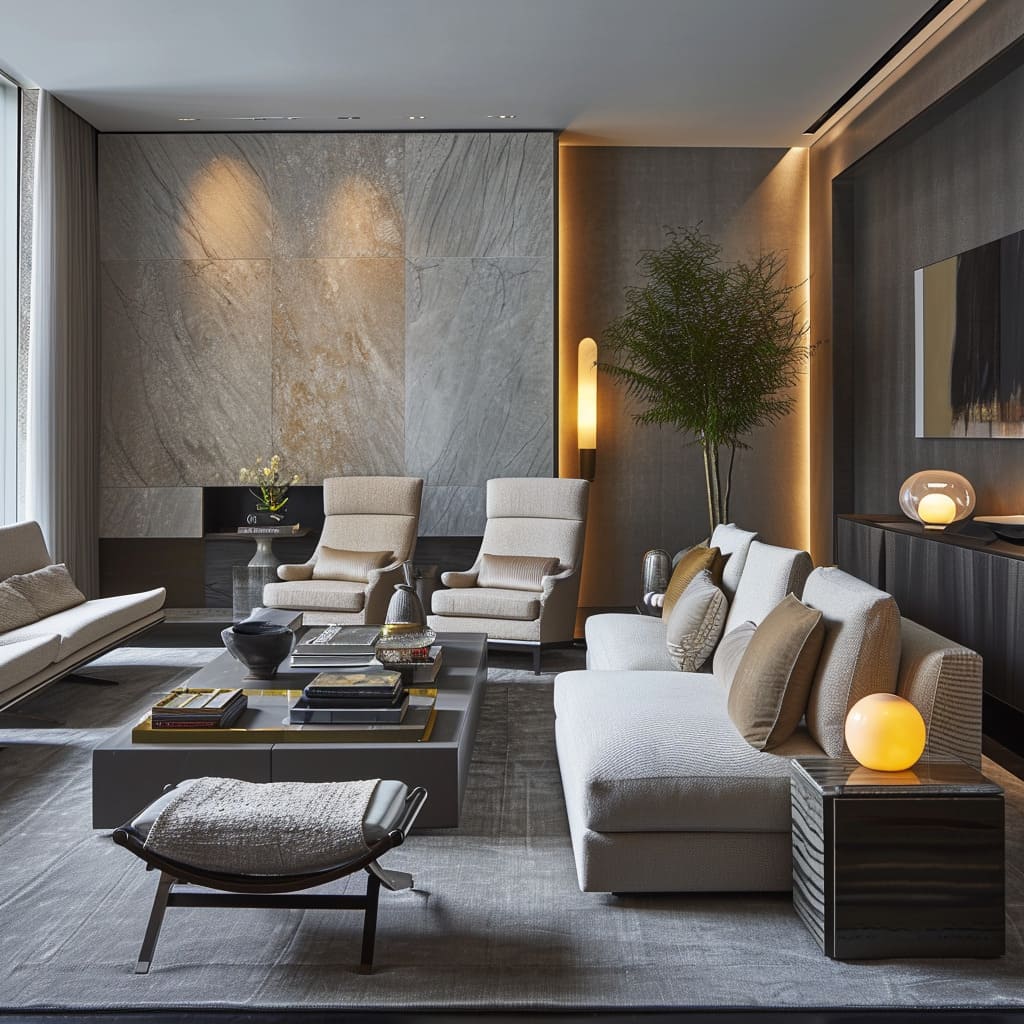 The large living area is transformed into a sophisticated space, where minimalist design meets luxurious comfort