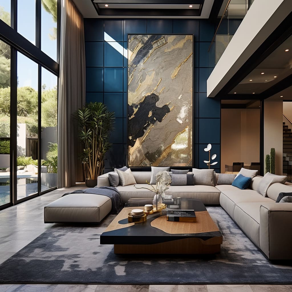 The large living room in this luxury modern-style house boasts impressive interior design, creating an amazing and stylish gathering space for residents.