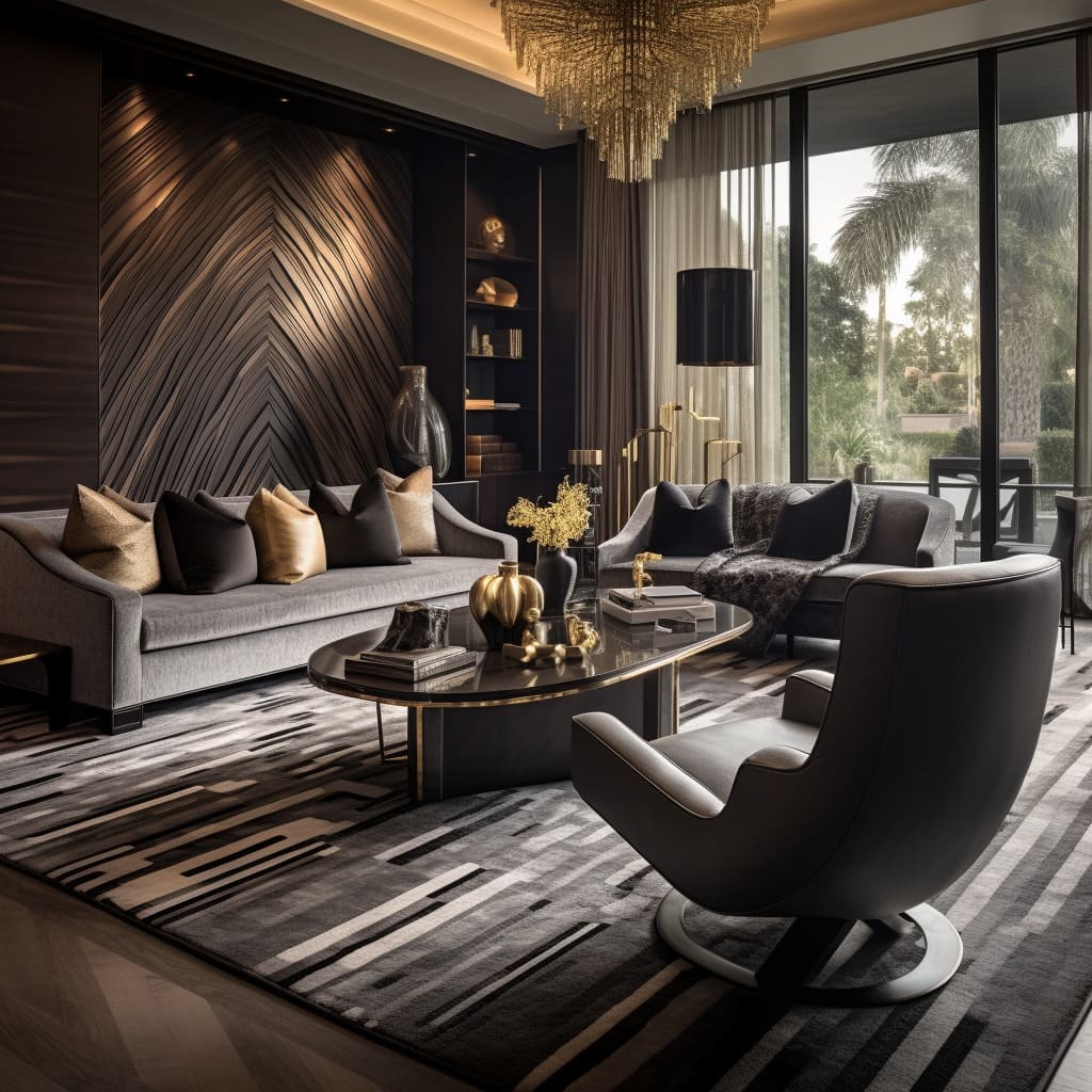 The large rug enhances the living room's interior design with its rich textures.