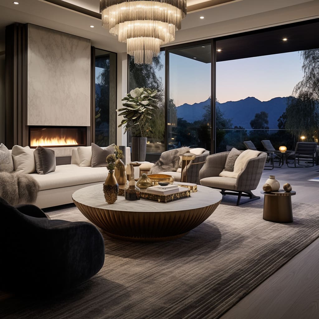 The large rug underlines the opulence of the living room's interior design.