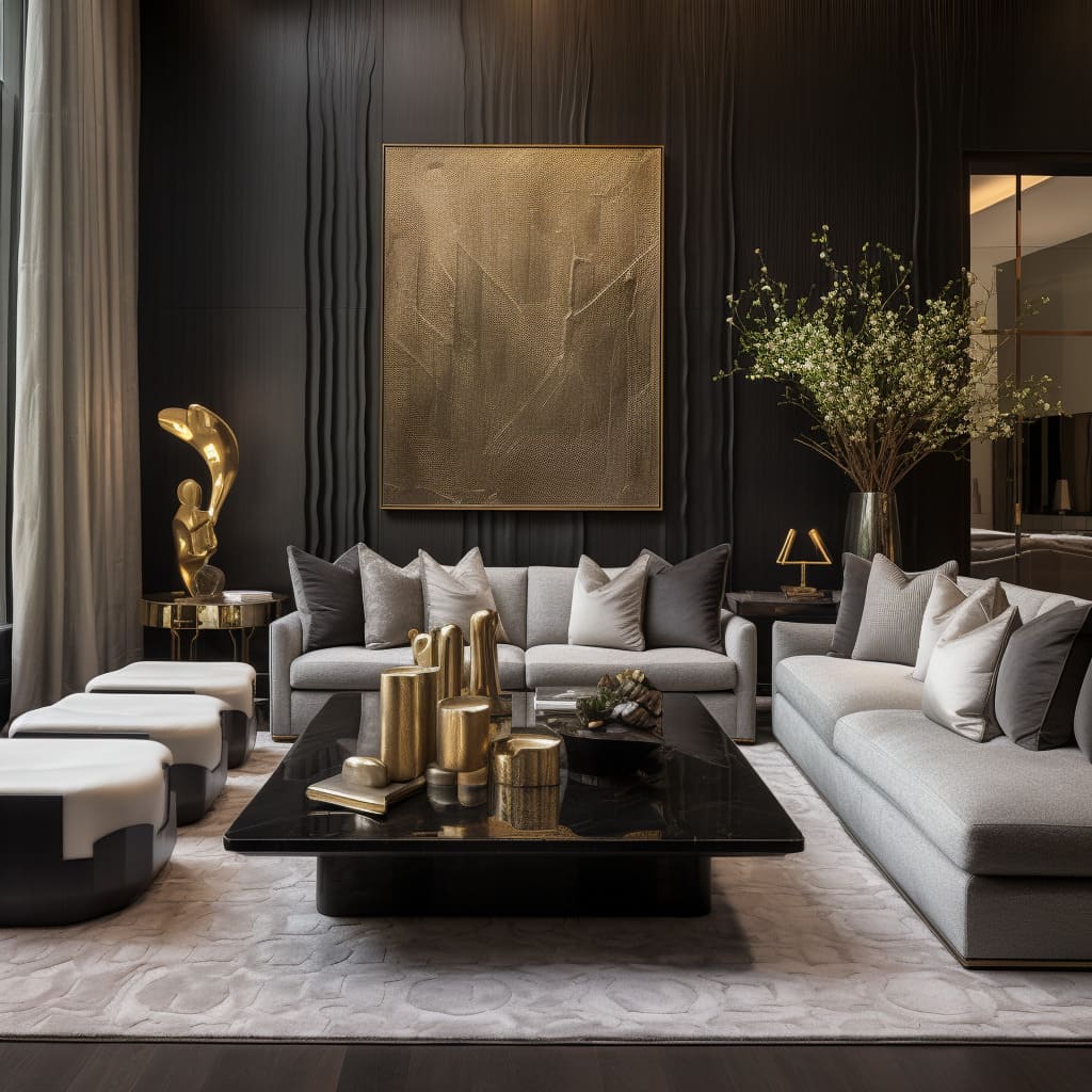 The leather ottoman serves as a chic focal point and additional seating