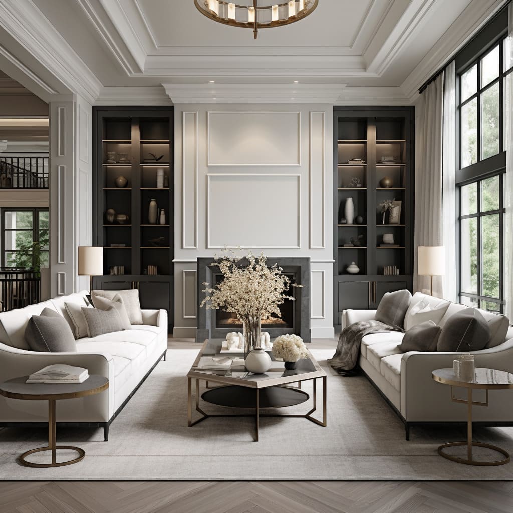 The living room design evokes timeless fashion while embracing comfortable chic