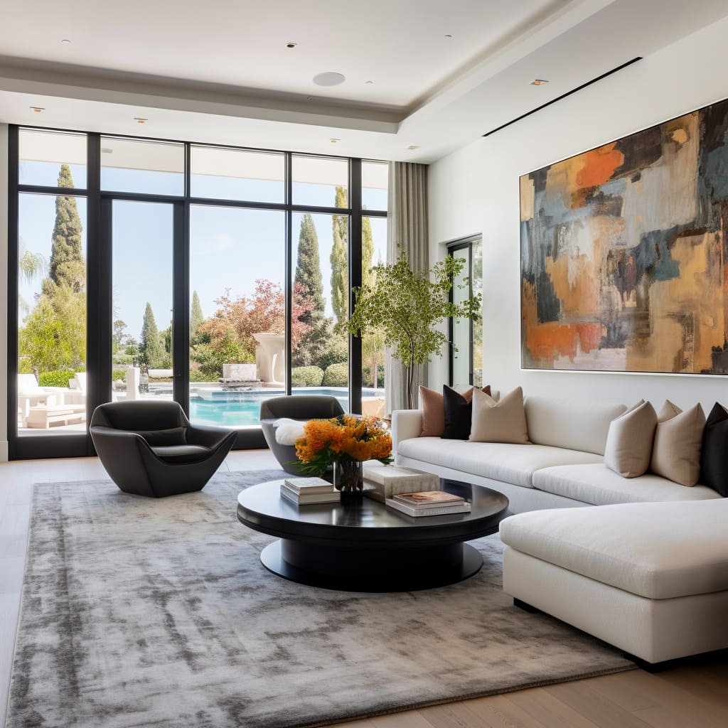 The living room exudes luxury with its sleek modern design and lavish furnishings