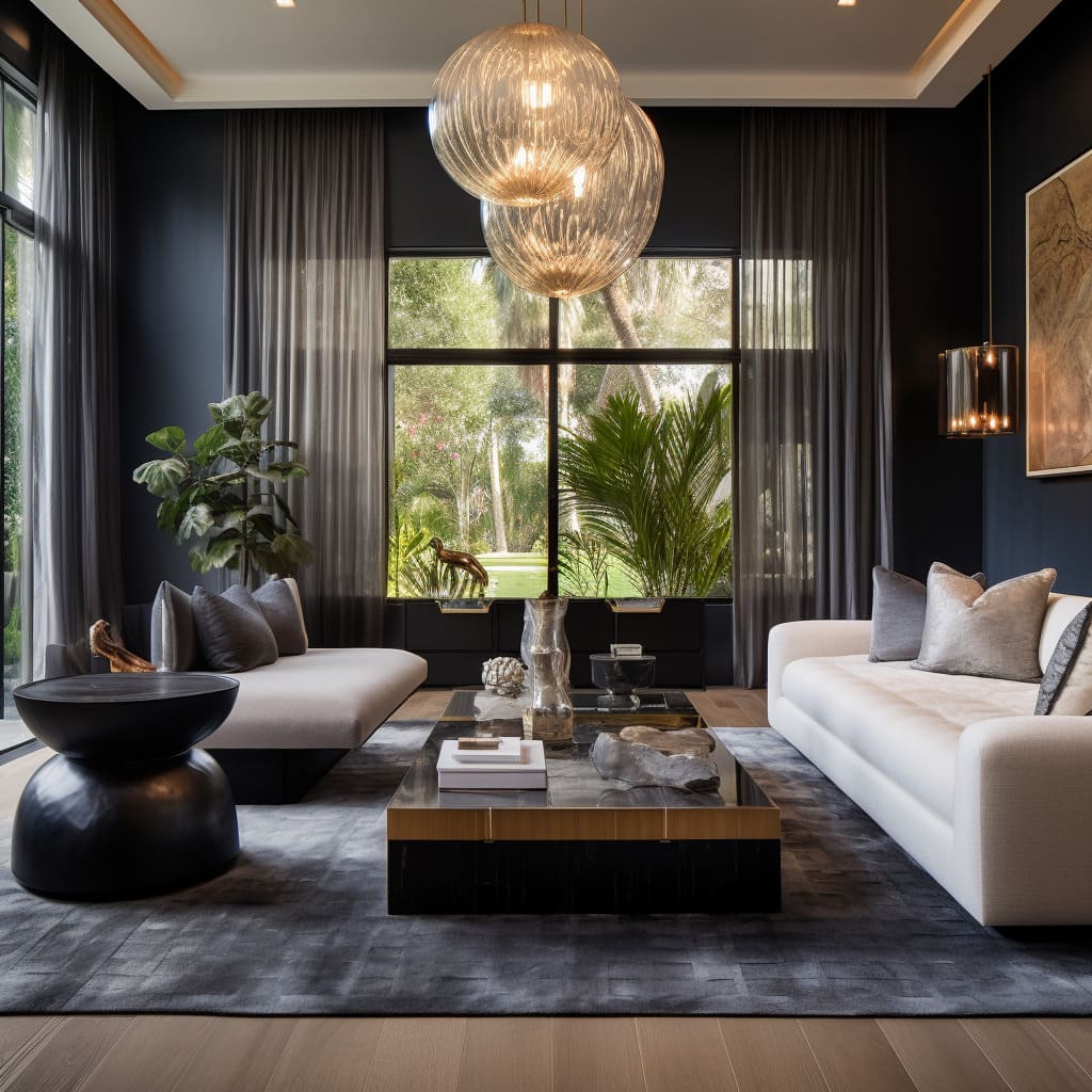 The living room is an embodiment of luxury interior design with its opulent textures