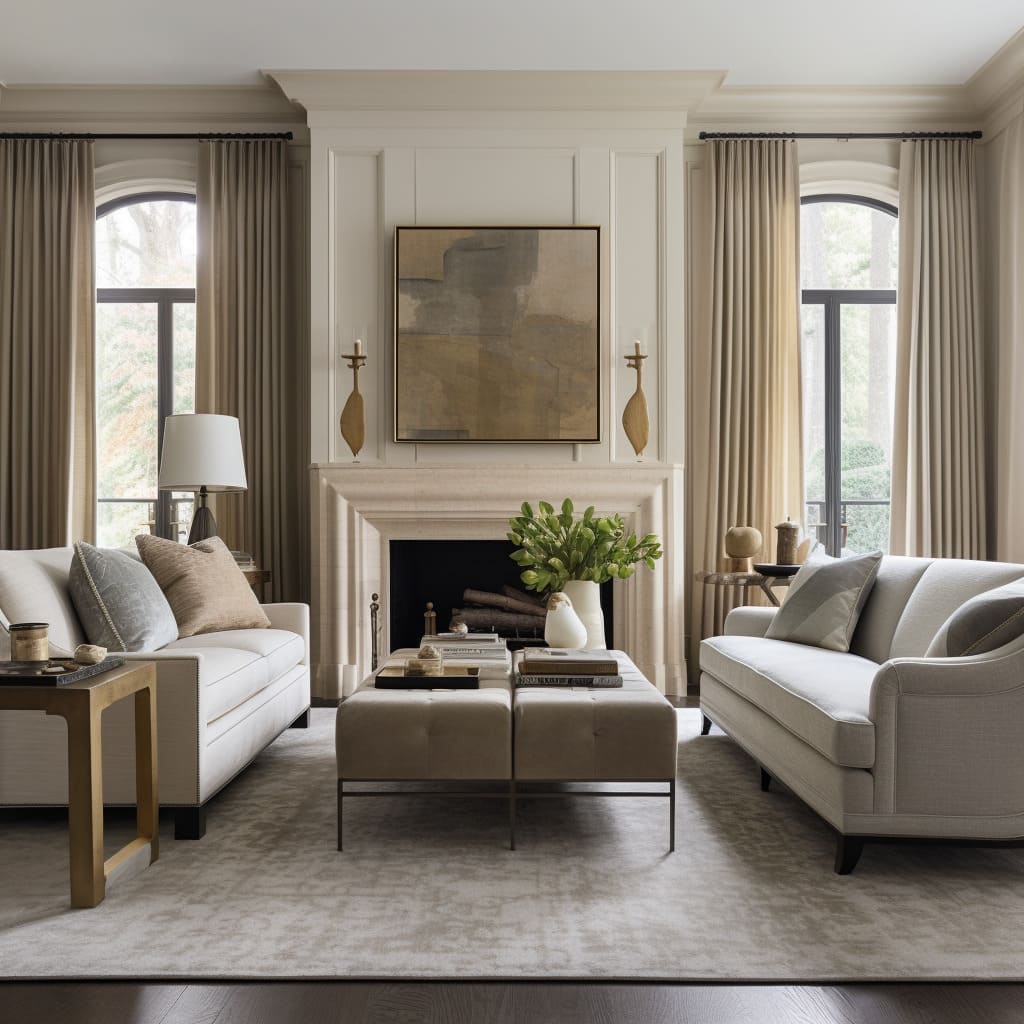 The living room's abstract art and unique accent decor pieces add personality to the space.