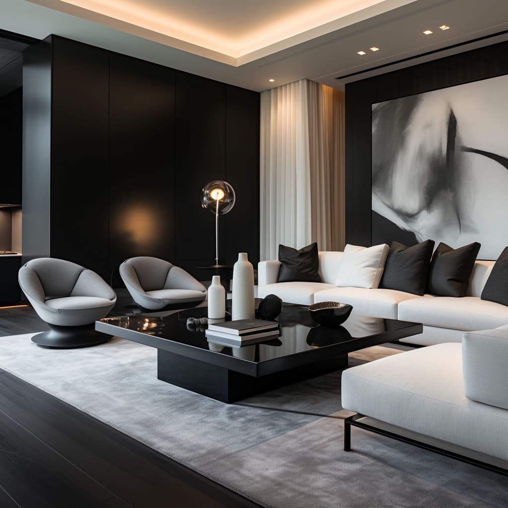 The living room's balance and harmony create a calm and beautiful atmosphere