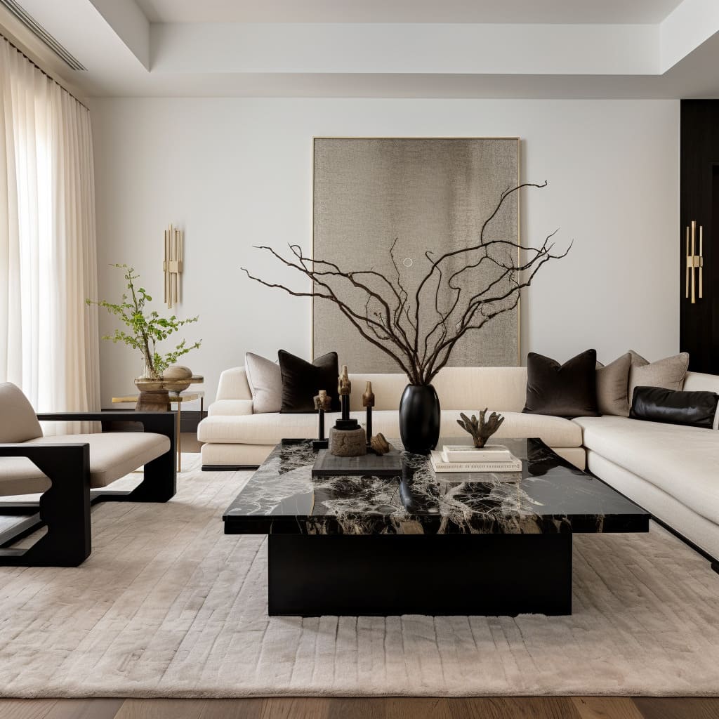 The living room's composition embodies the essence of luxury with meticulous attention to detail