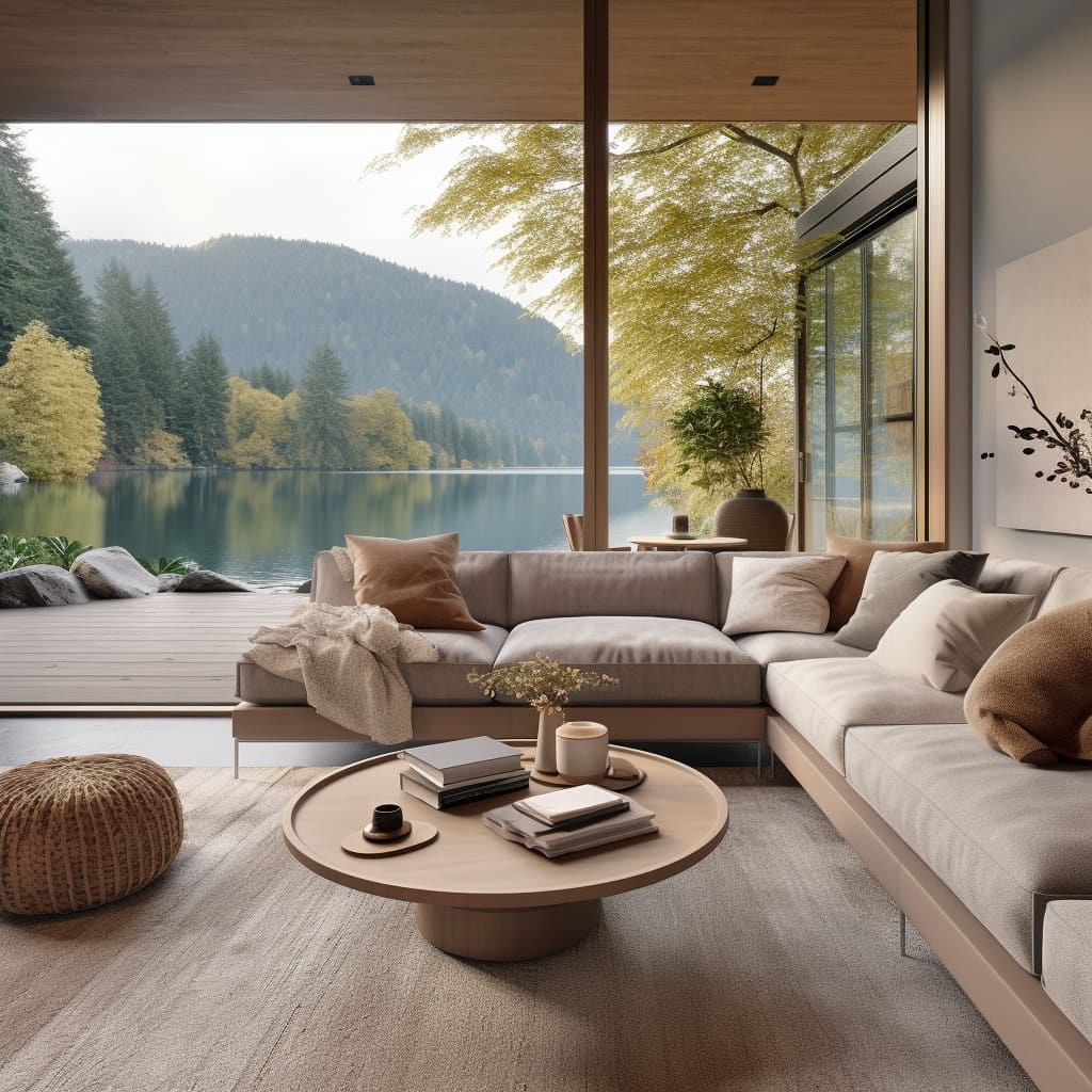 The living room's contemporary design is complemented by natural, earthy elements.