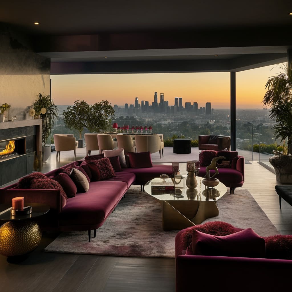 The living room's impressive city view adds to its awesome and amazing ambiance.