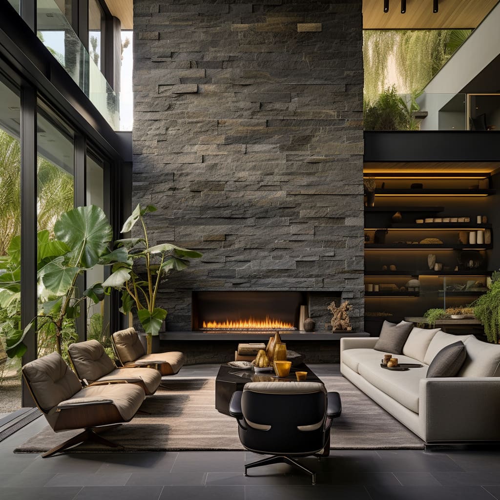 The living room's interior design, inspired by American and Los Angeles style houses, features a luxurious firebox and wooden flooring