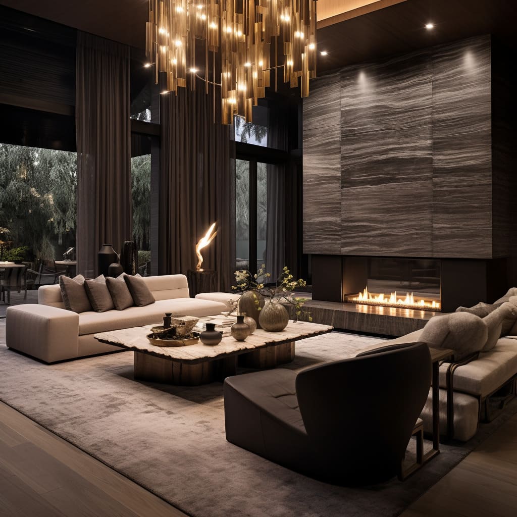 The living room's interior design showcases a beautiful fusion of dull tones and cooper decor.